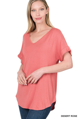 LUXE RAYON SHORT CUFF SLEEVE V-NECK ROUND HEM TOP