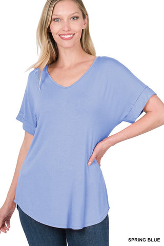 LUXE RAYON SHORT CUFF SLEEVE V-NECK ROUND HEM TOP