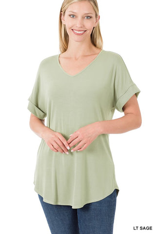 LUXE RAYON SHORT CUFF SLEEVE V-NECK ROUND HEM TOP