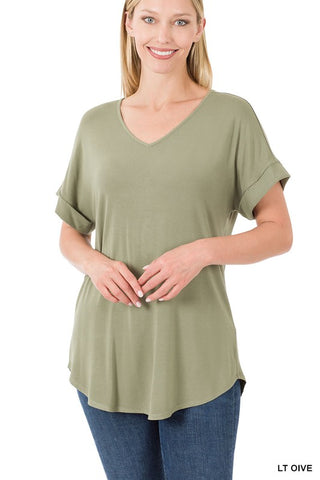 LUXE RAYON SHORT CUFF SLEEVE V-NECK ROUND HEM TOP