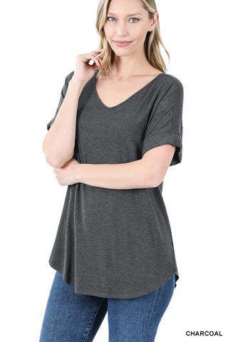 LUXE RAYON SHORT CUFF SLEEVE V-NECK ROUND HEM TOP