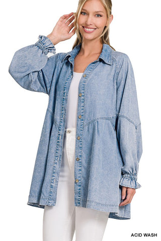 CHAMBRAY SHIRT MINI DRESS WITH POCKETS