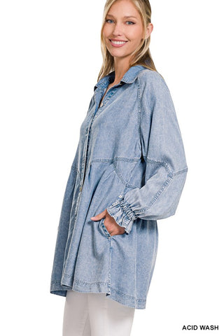 CHAMBRAY SHIRT MINI DRESS WITH POCKETS