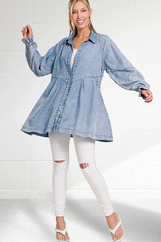 CHAMBRAY SHIRT MINI DRESS WITH POCKETS