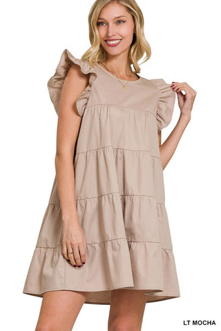 RUFFLED CAP SLEEVE BABYDOLL TIERED MINI DRESS