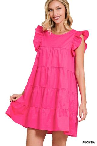 RUFFLED CAP SLEEVE BABYDOLL TIERED MINI DRESS