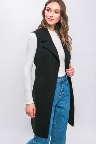 Lapel Collared Vest Coat with Waist Tie