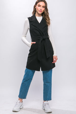 Lapel Collared Vest Coat with Waist Tie