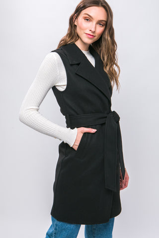 Lapel Collared Vest Coat with Waist Tie