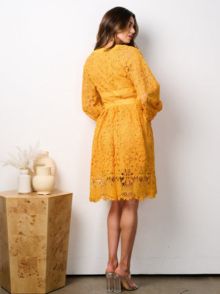 WOMEN'S LONG SLEEVE V-NECK CROCHET DETAILED MINI DRESS