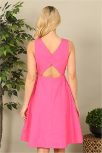 HOT PINK SLEEVELESS V-NECK BUTTON DETAIL SOLID DRESS