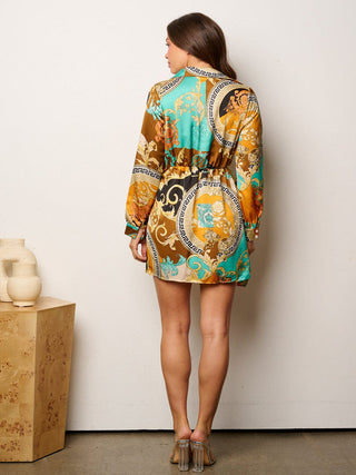 WOMEN'S LONG SLEEVE SURPLICE BODYCON MULTI PRINT MINI DRESS