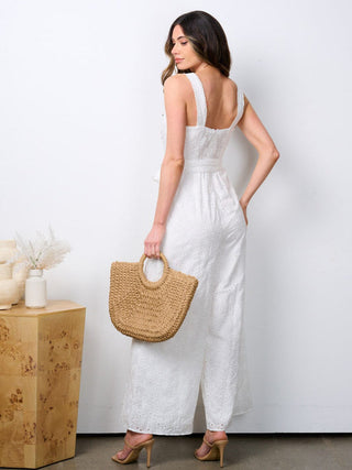 WOMEN'S SLEEVELESS V-NECK POCKETS EYELET DETAILED WIDE LEG JUMPSUIT