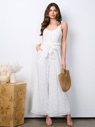 WOMEN'S SLEEVELESS V-NECK POCKETS EYELET DETAILED WIDE LEG JUMPSUIT